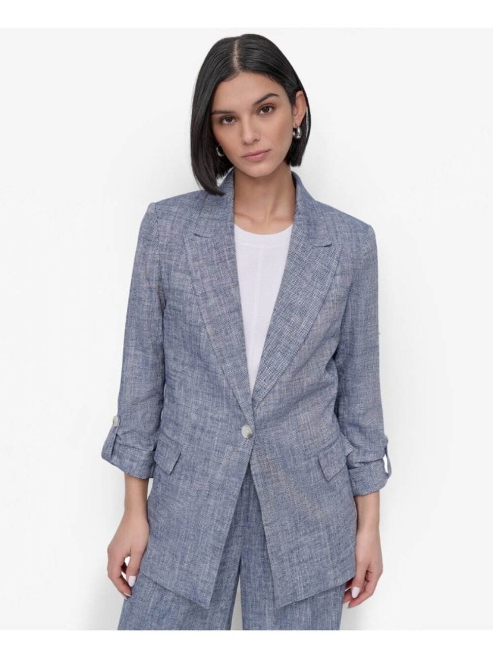 DKNY Roll-tab Ruched-Sleeve pockets One-Button Jacket Blue Petite Size 2P $179
